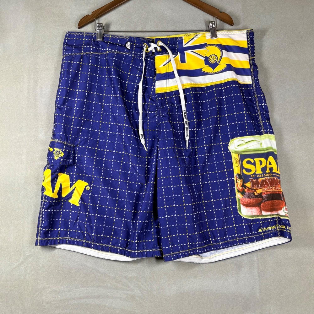 HIC Hawaiian Island Creations Spam Board Shorts Mens 42 Blue Hawaii Musubi Surf